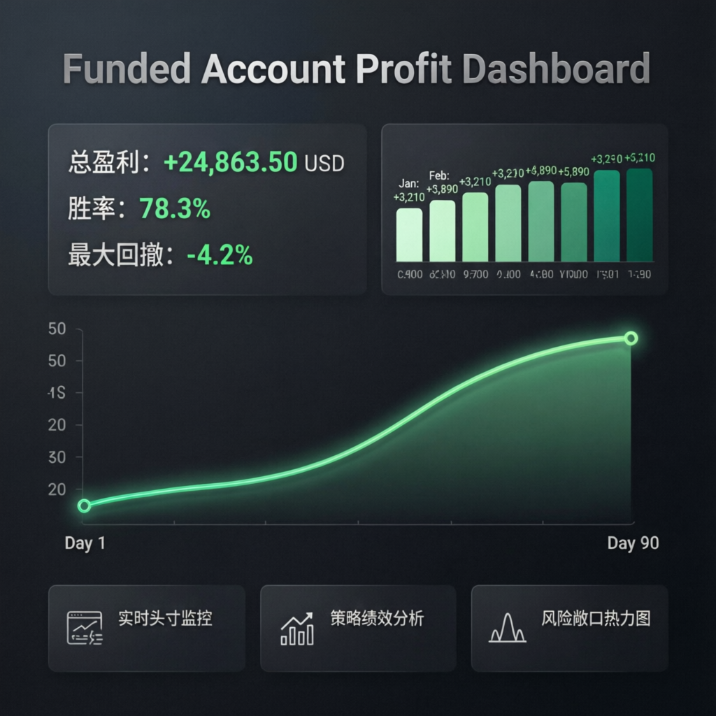 Funded account profit dashboard showing consistent growth at PFM Capitals