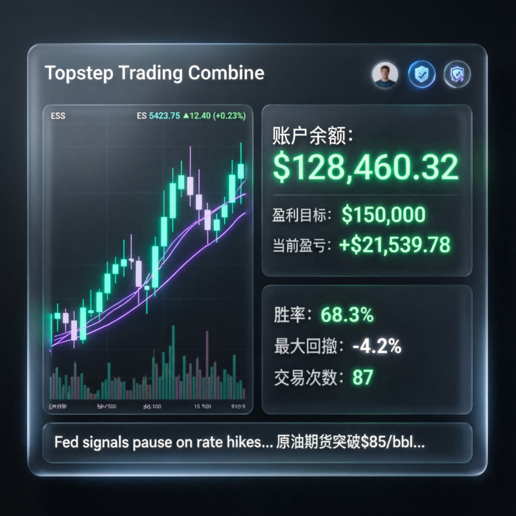 Topstep Trading Combine dashboard showing profit targets and account balance
