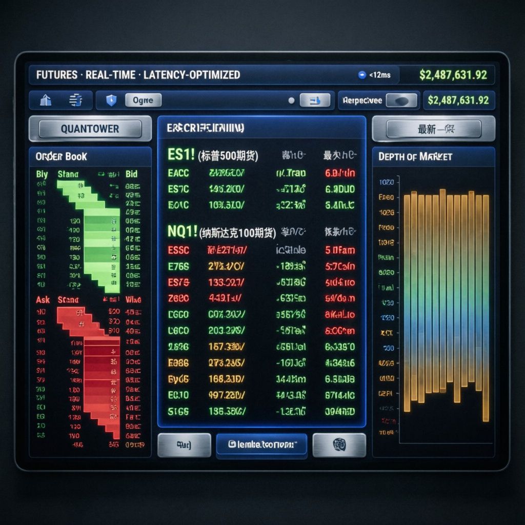 Quantower trading platform showing futures market data and order book