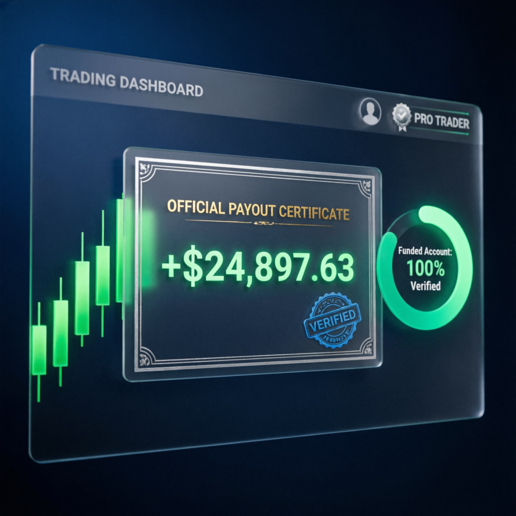 Trading dashboard showing funded account payout certificate