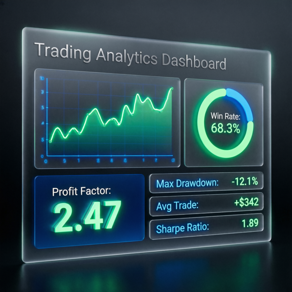 Trading analytics dashboard showing win rate and profit factor