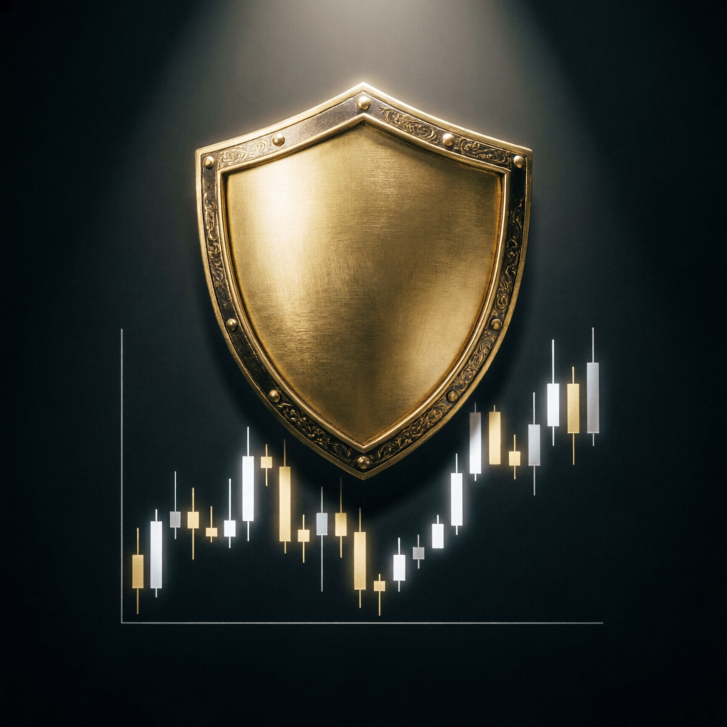 Gold shield protecting forex candlestick chart symbolizing risk management in prop firm challenges