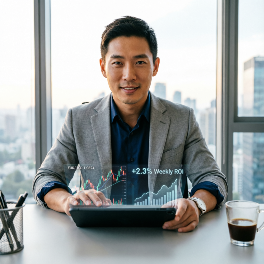 Professional forex trading analyst reviewing strategies on tablet - PFM Capitals funded account management