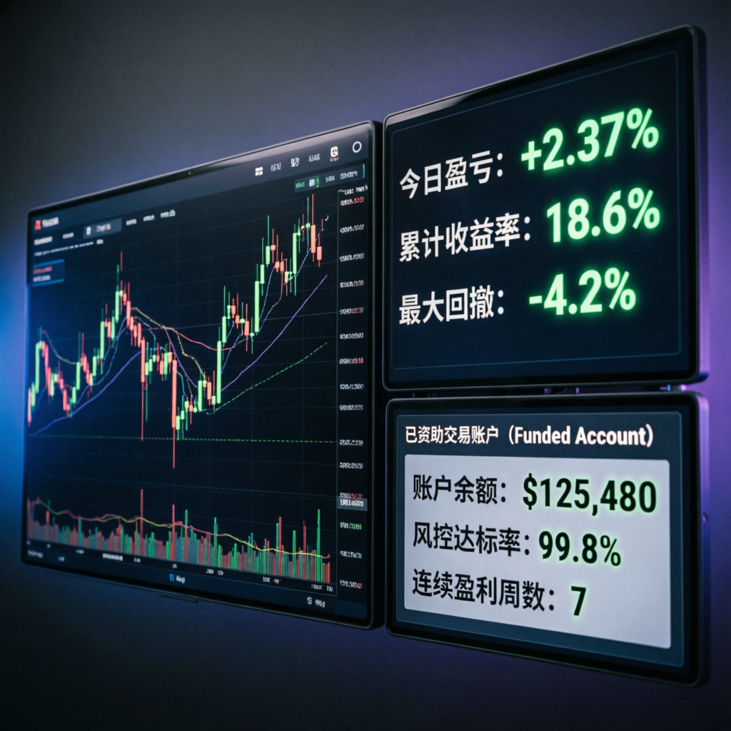 Trading dashboard showing successful funded account performance with green profit indicators