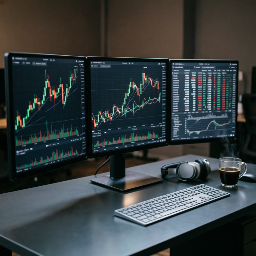 Professional forex trading workspace with multiple monitors displaying candlestick charts - PFM Capitals prop firms passing service