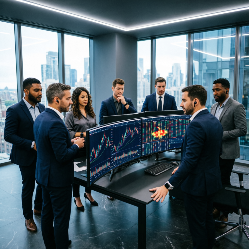 Professional team of forex traders collaborating in modern trading office