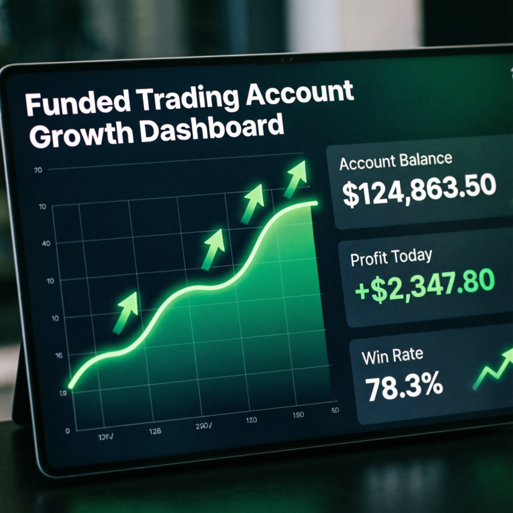 Funded Trading Account Growth Dashboard showing upward profit trajectory and account metrics