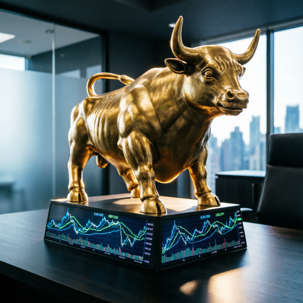 Golden bull statue representing bullish trading results and funded account success