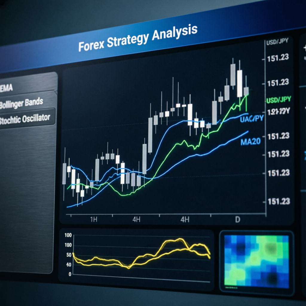Forex strategy analysis showing technical indicators used in prop firm challenge passing