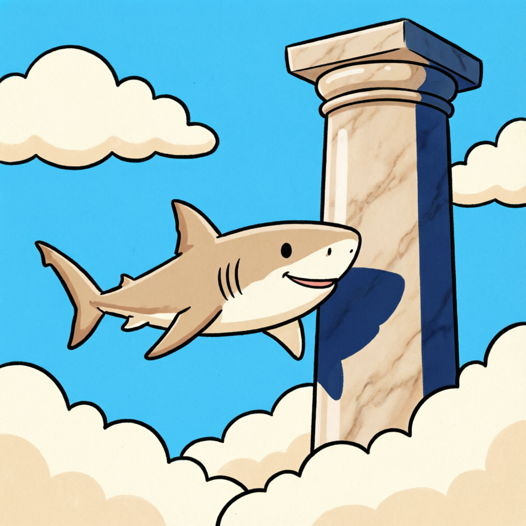 The Pull Shark, swimming past a marble column