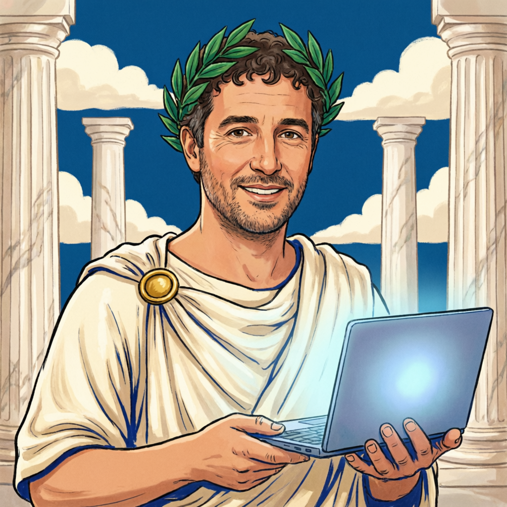 An illustrated portrait of me, laurel-crowned at my laptop
