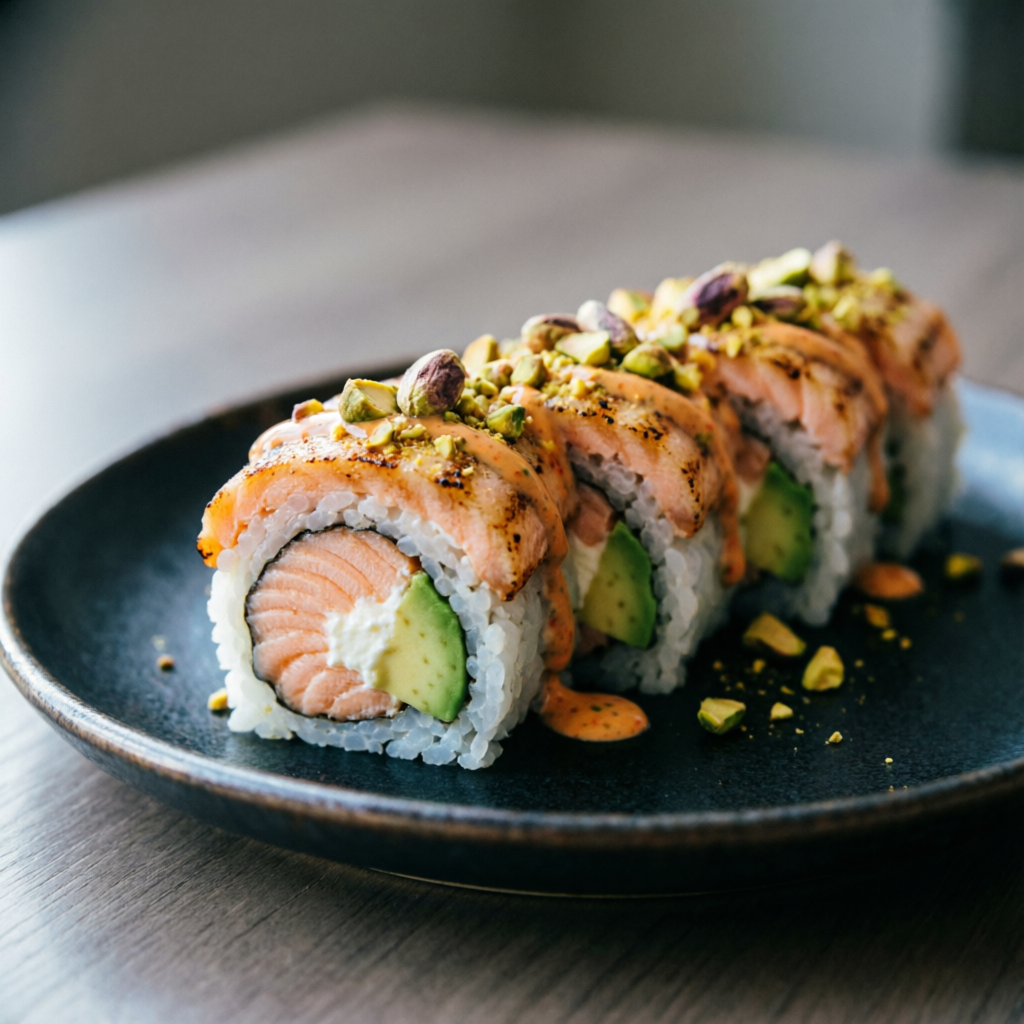 Ura Miura Plus - Sushi roll con salmone grigliato, avocado e pistacchio