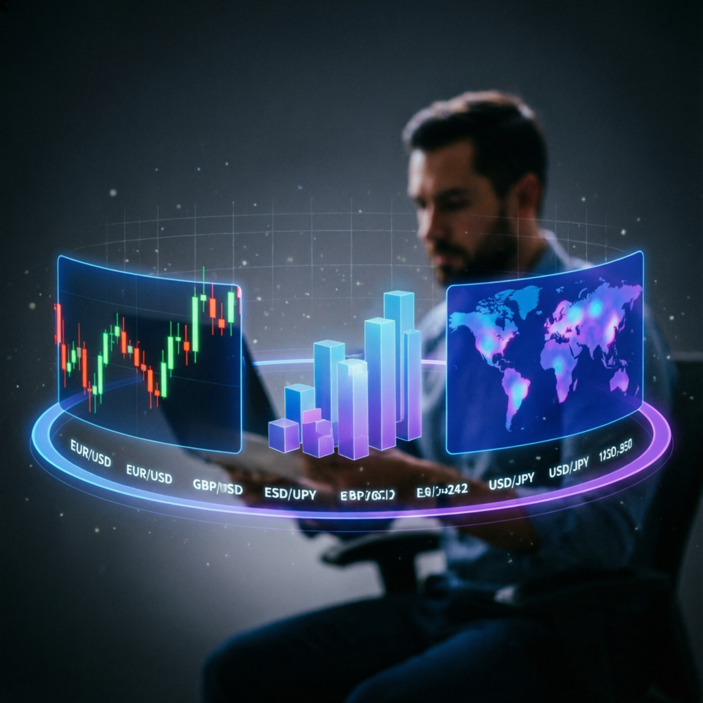 Professional forex trader with animated financial charts