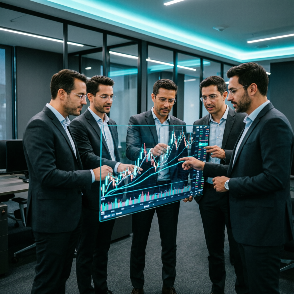 Professional trading team analyzing prop firm challenge performance on holographic display