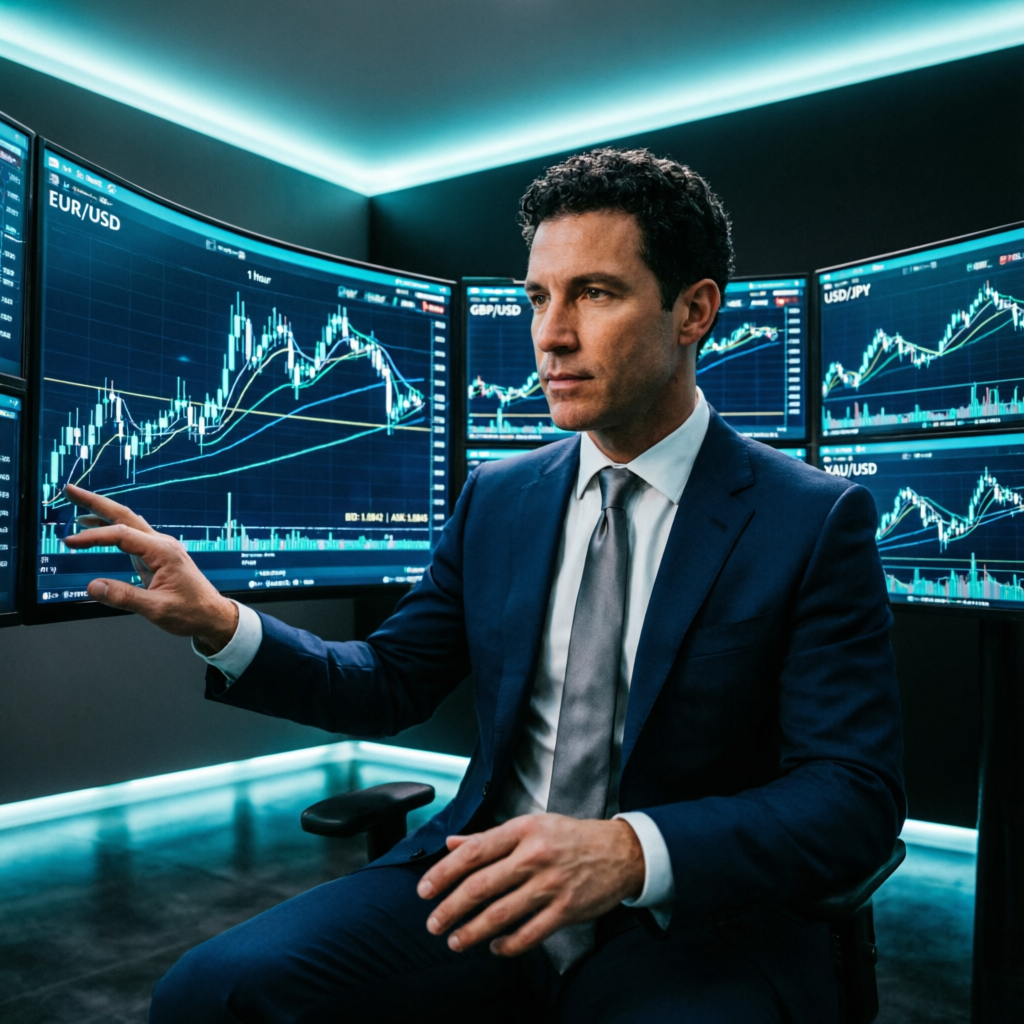 Professional forex trader analyzing prop firm challenge with multiple trading screens