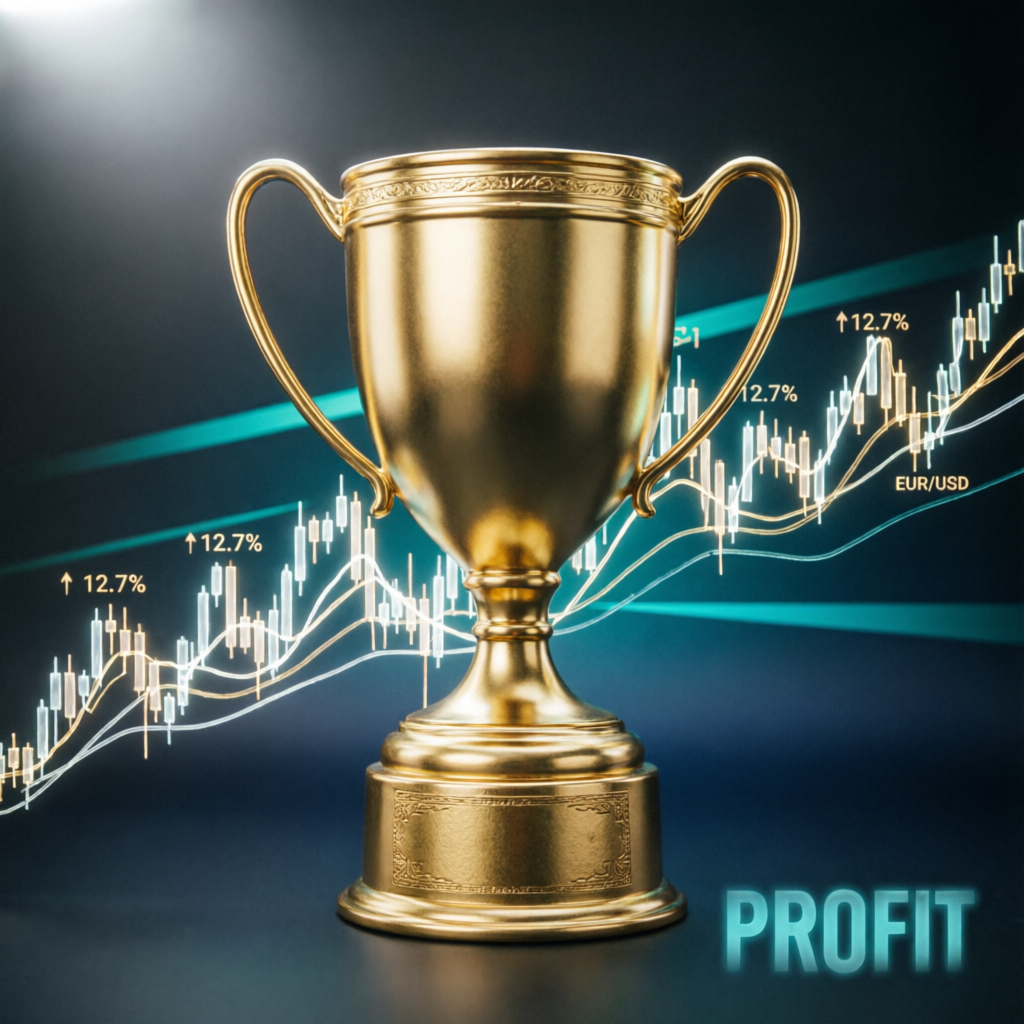 Prop firm challenge success trophy with forex charts