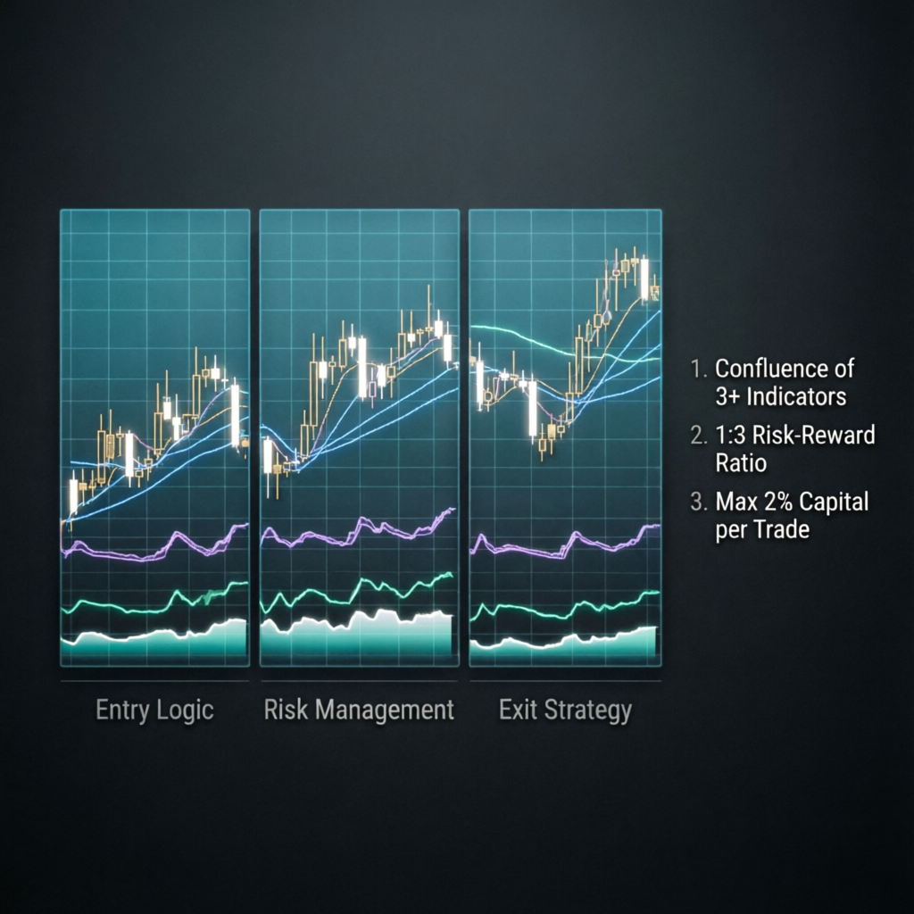 Trading strategy blueprint showing entry logic, risk management, and exit strategy