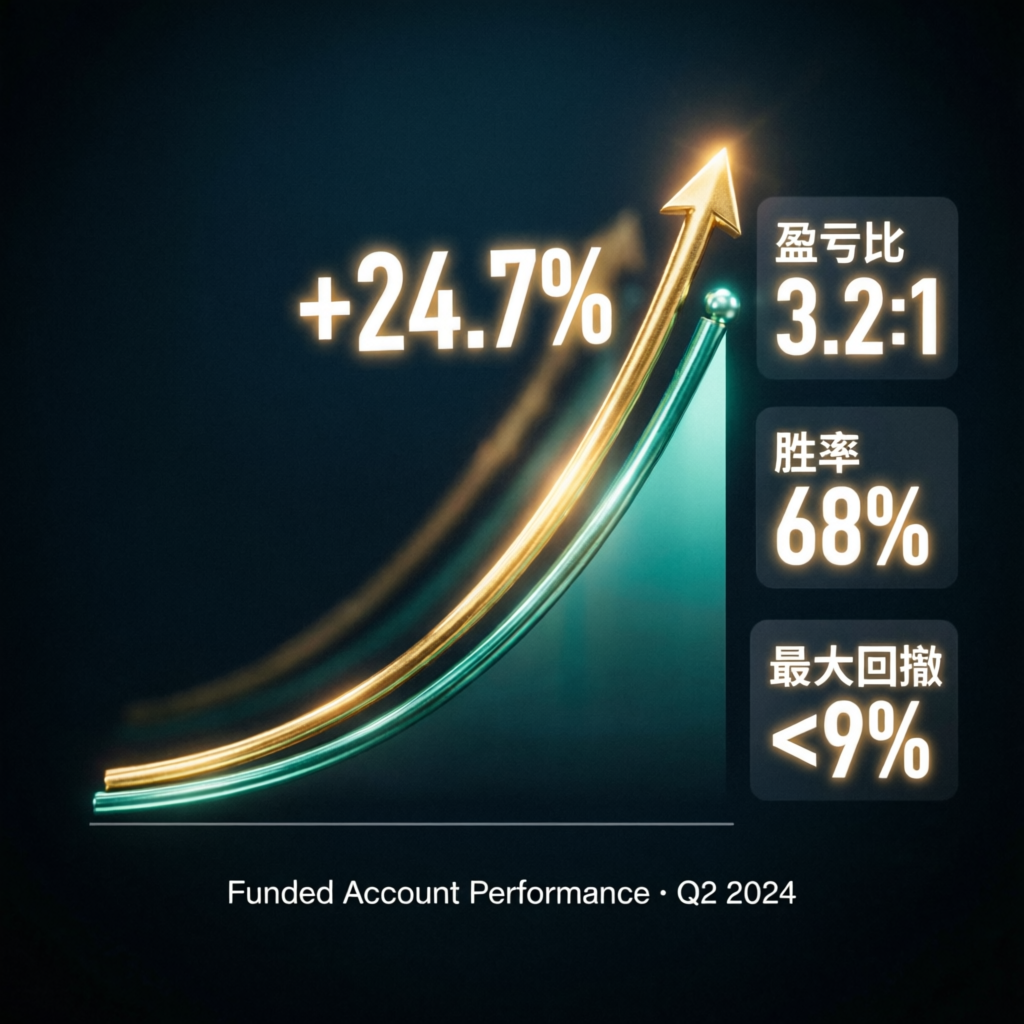 Funded account performance showing +24.7% growth with 3.2:1 profit factor