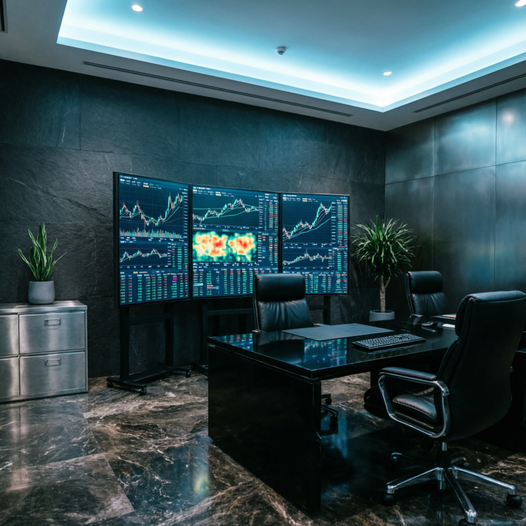Premium trading office with multiple screens and professional setup