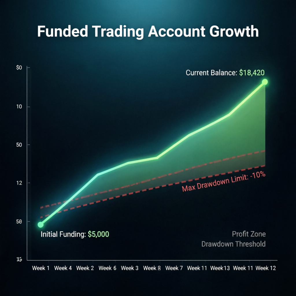Funded trading account growth visualization showing consistent profit growth over time