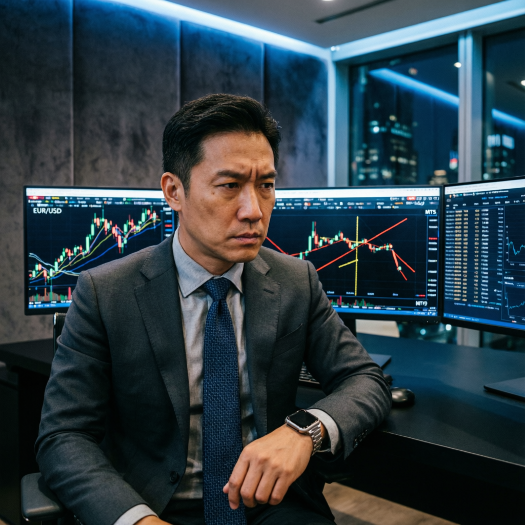 Professional forex trader analyzing charts on multiple monitors - prop firm trading environment