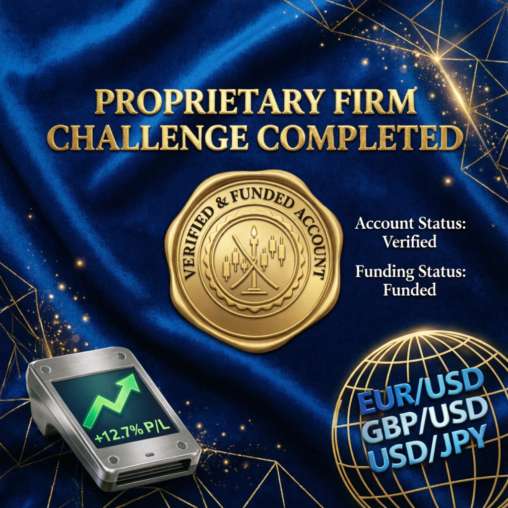 Proprietary firm challenge completed certificate showing verified and funded account status