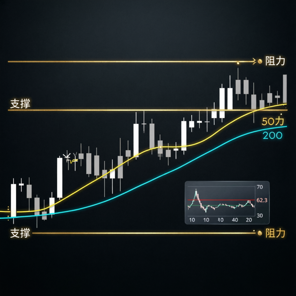 Forex trading strategy guide showing candlestick patterns and technical indicators