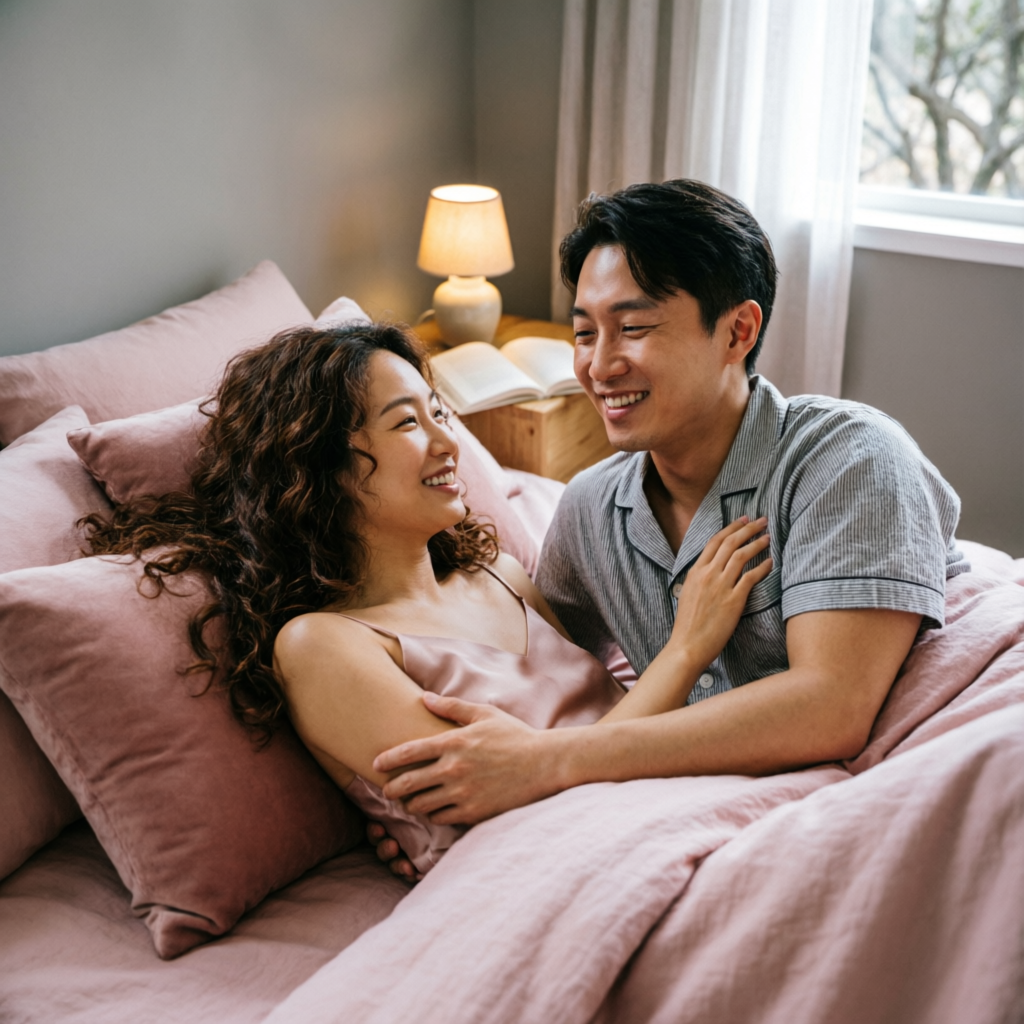 Couple in bed laughing