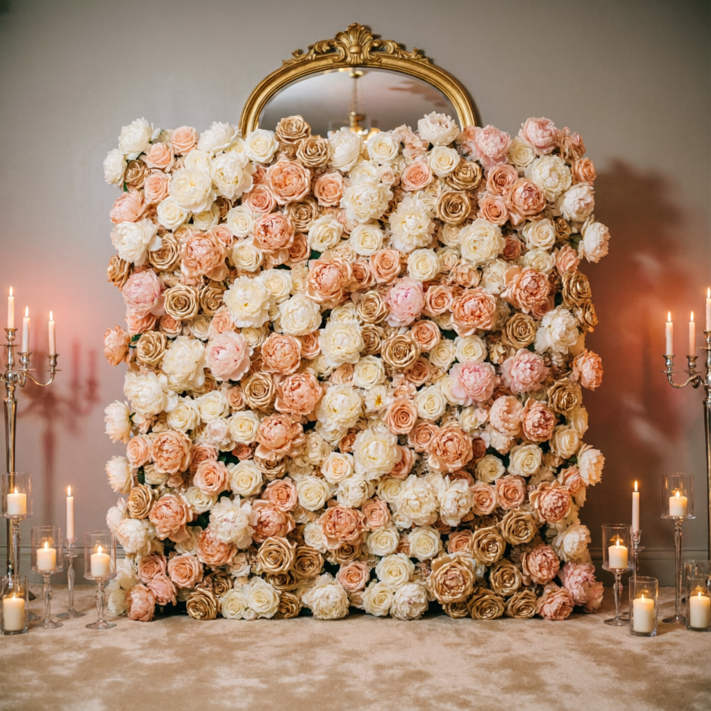 Blush and champagne rose flower wall with candlelight