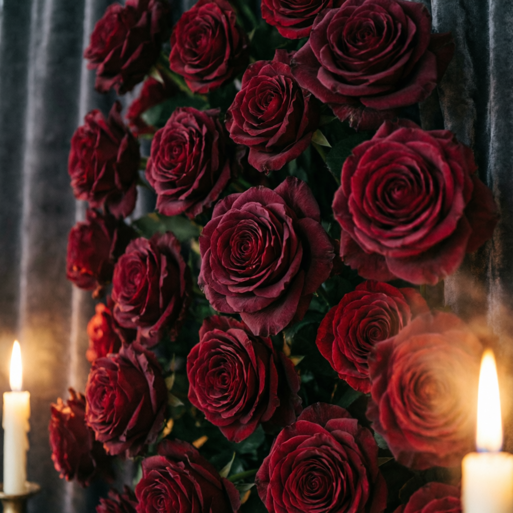 Burgundy rose wall with candlelight
