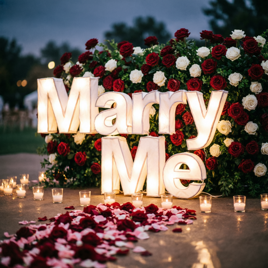 Marry Me letters glowing before a rose wall