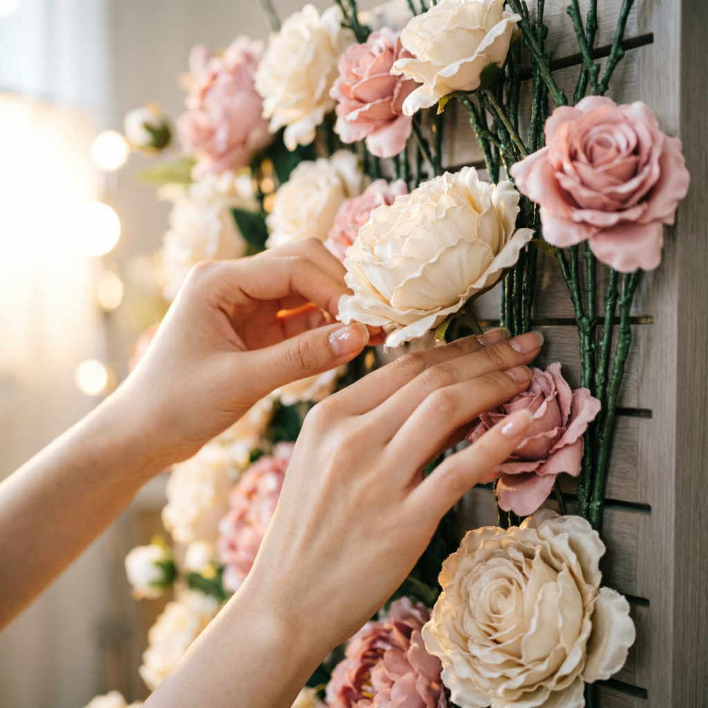 Designer arranging silk roses on a flower wall panel
