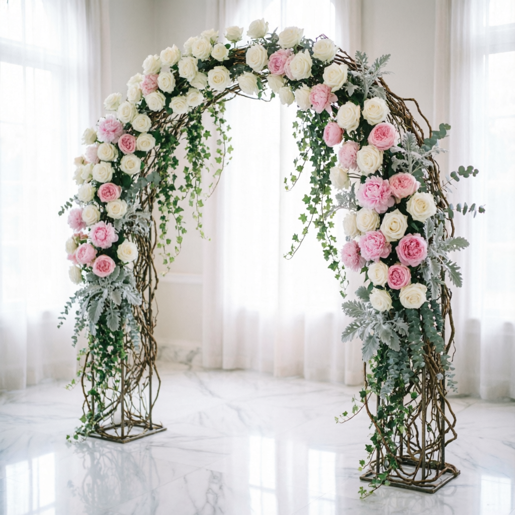 Freestanding floral arch of white and blush roses