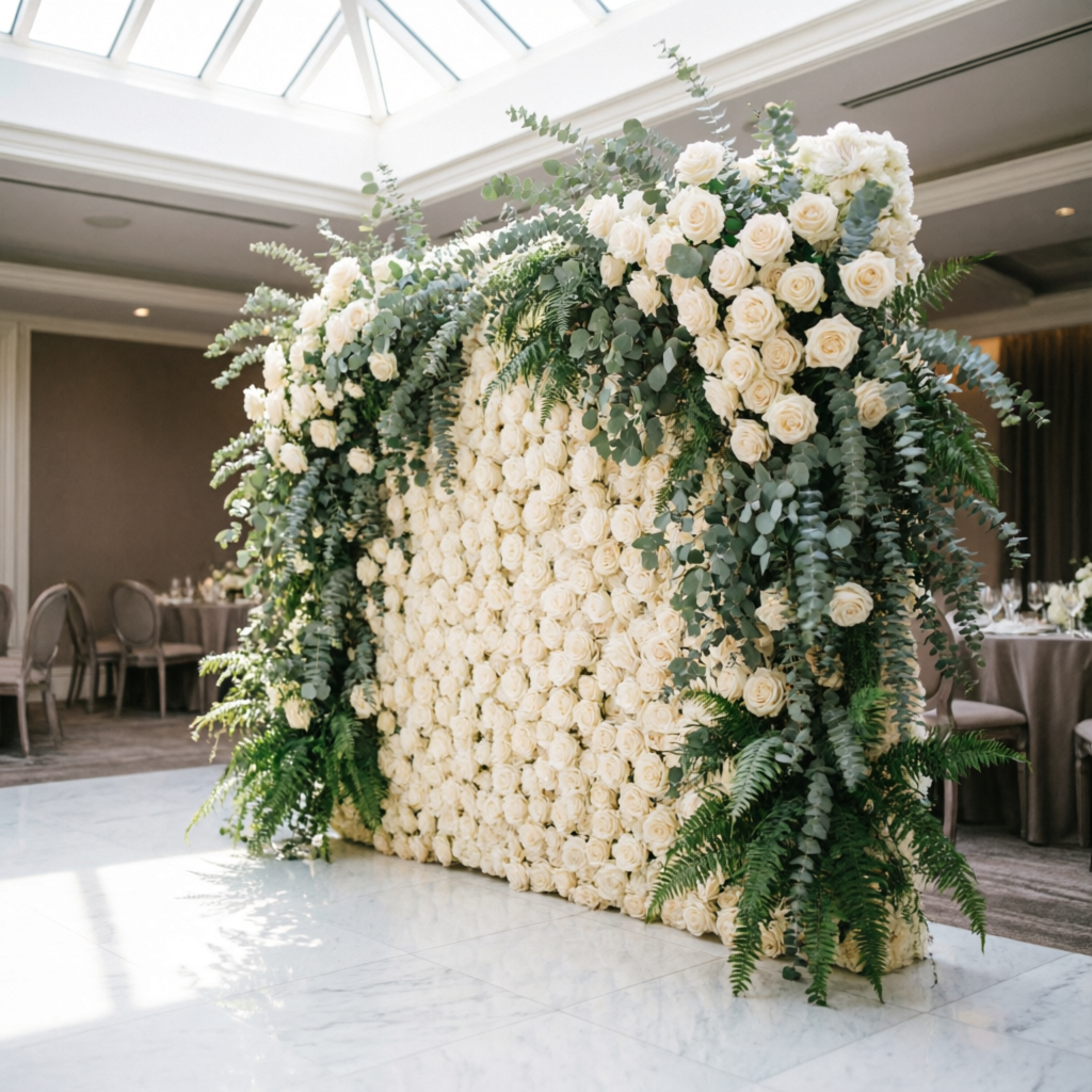 Ivory rose and greenery flower wall