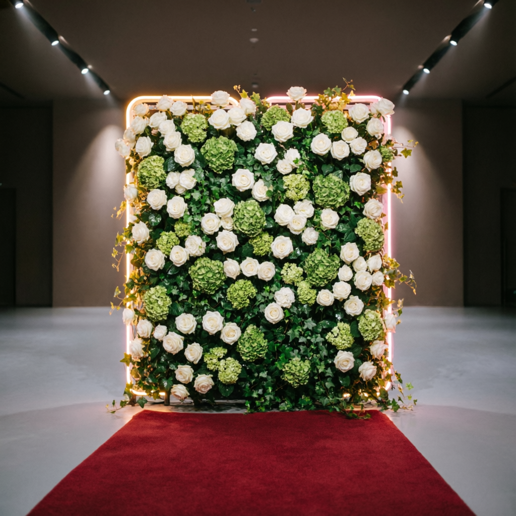 Corporate flower wall with red carpet