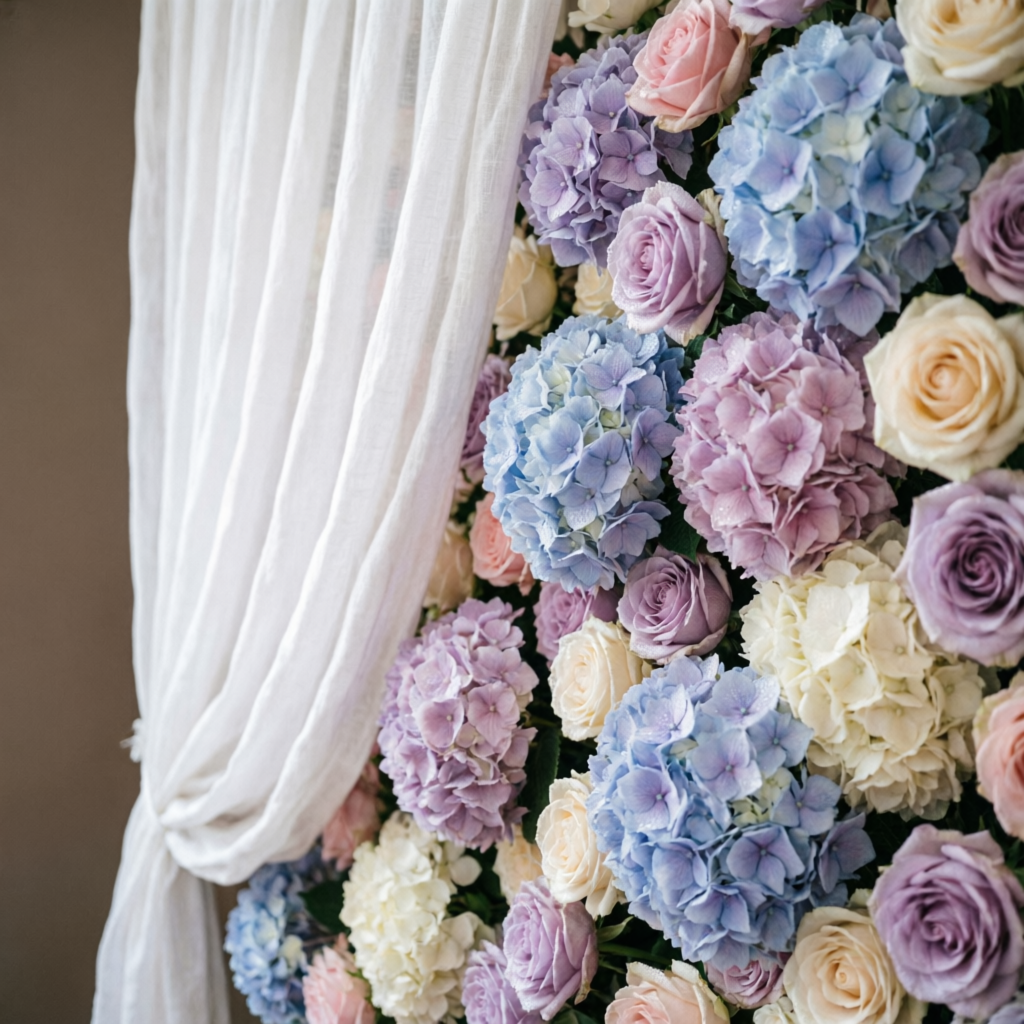 Pastel hydrangea flower wall