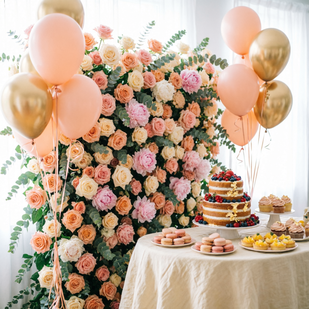 Peach flower wall with gold balloons
