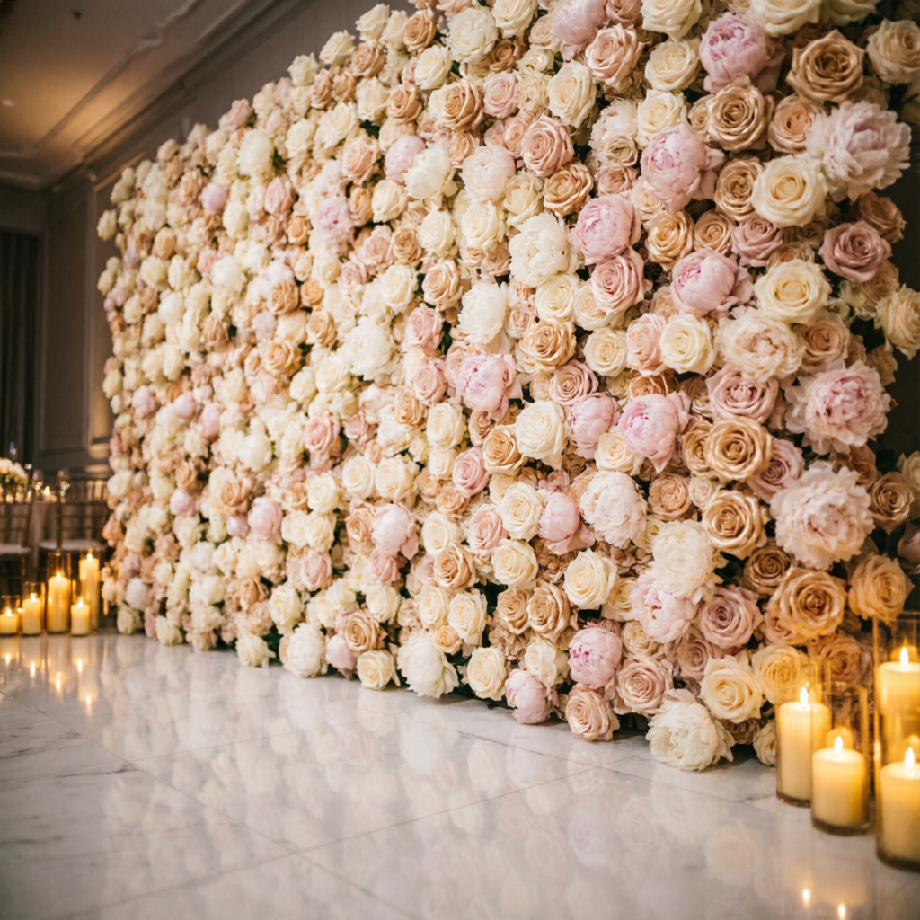Candlelit ivory and blush flower wall