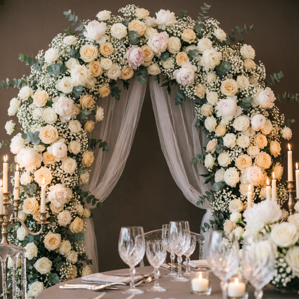 Floral arch over a sweetheart table at a wedding