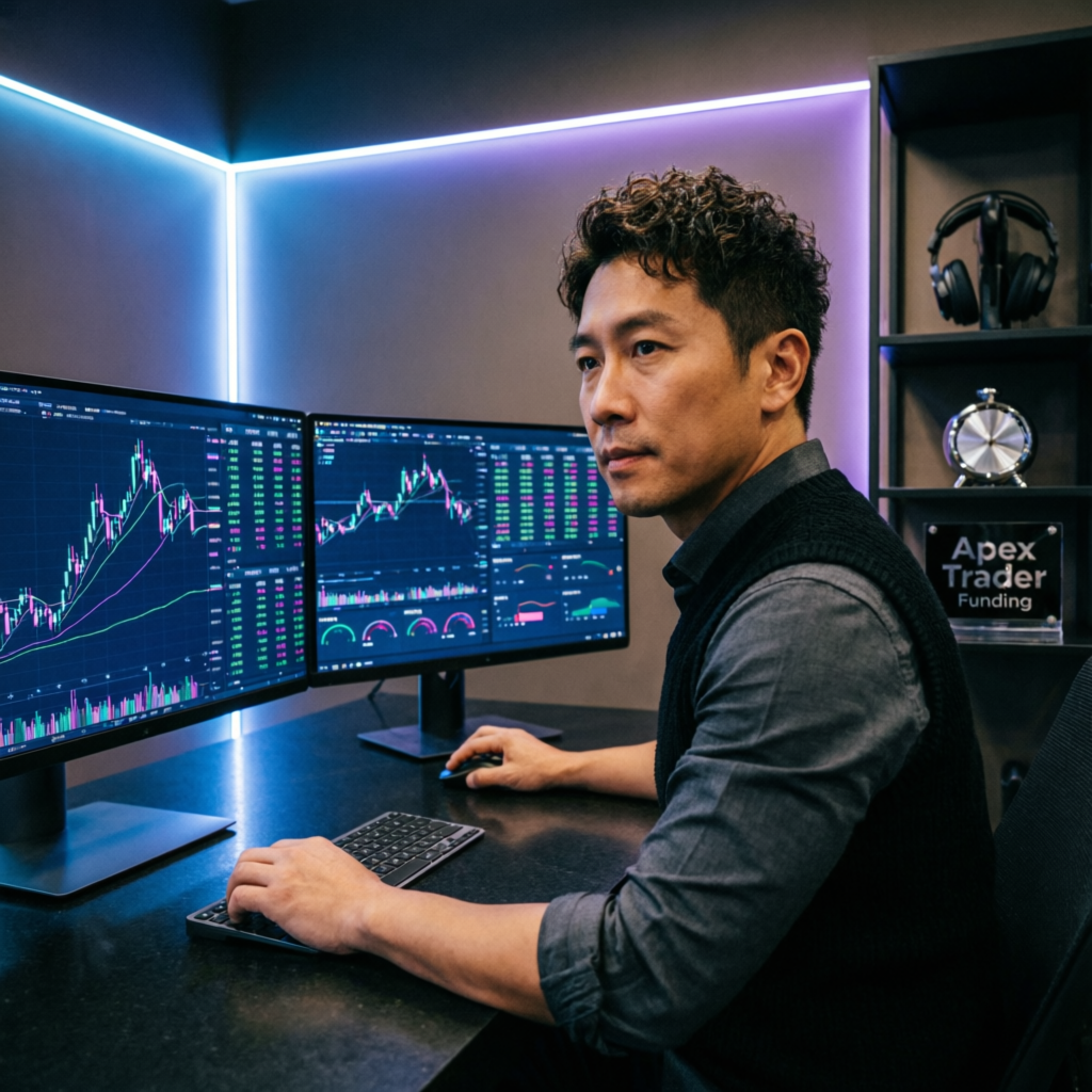Professional trader managing Apex PA Account on multiple screens