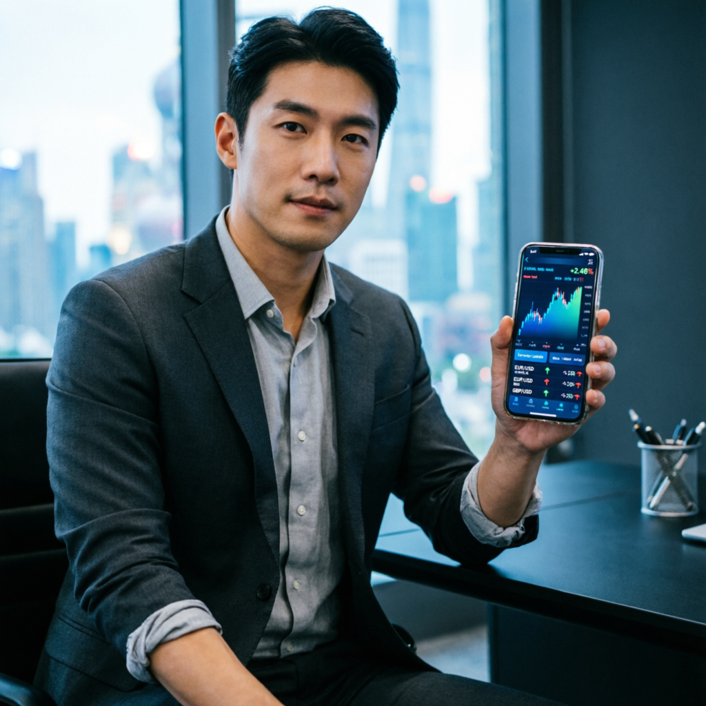Professional trader using mobile app to monitor forex trading performance