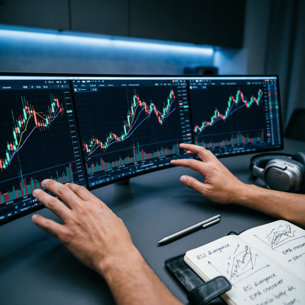 Professional trader analyzing multiple forex charts on triple monitor setup