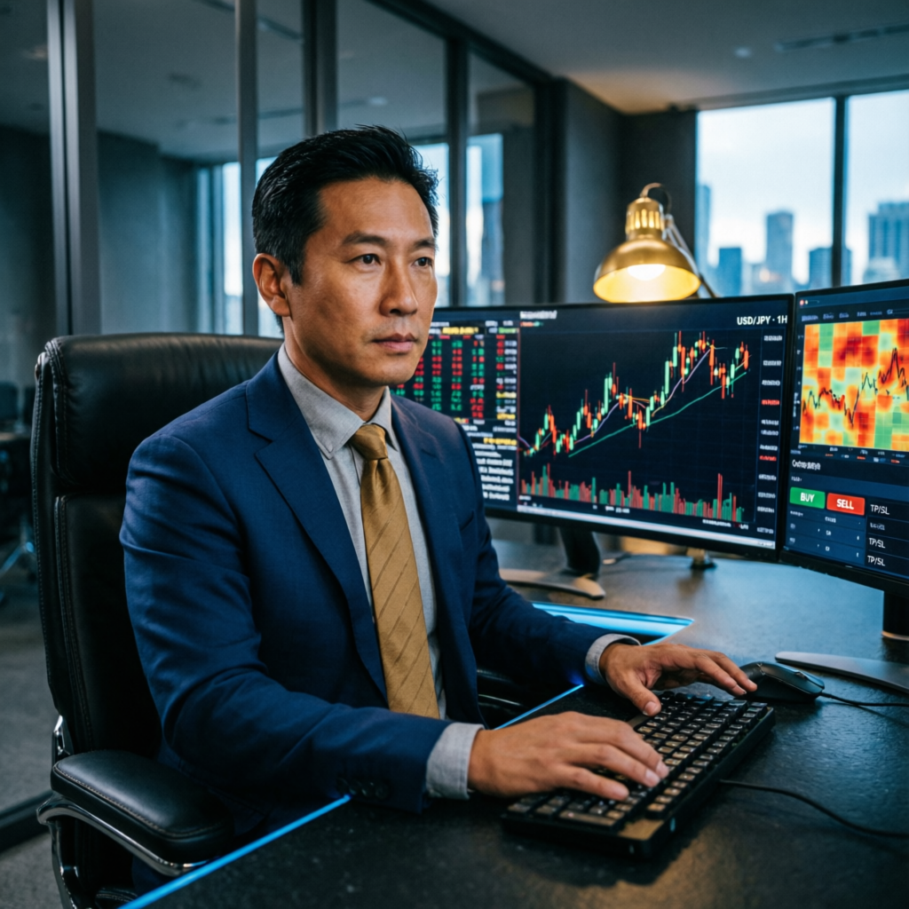 Professional forex trader managing funded account with multiple screens showing live charts