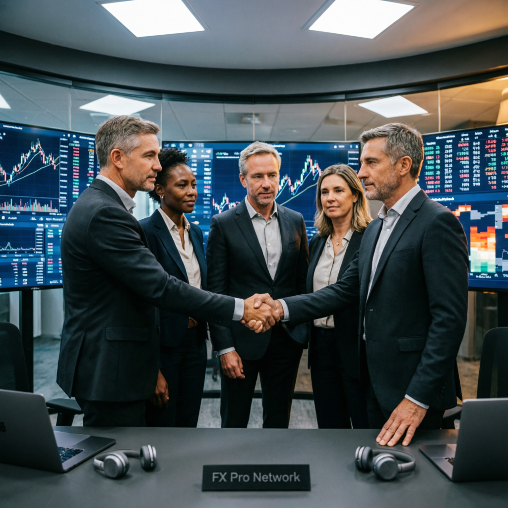 Professional forex trading community collaborating in modern trading office