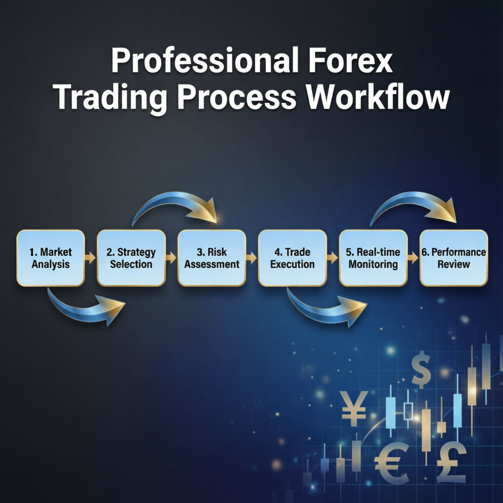 Professional forex trading process workflow showing market analysis to performance review
