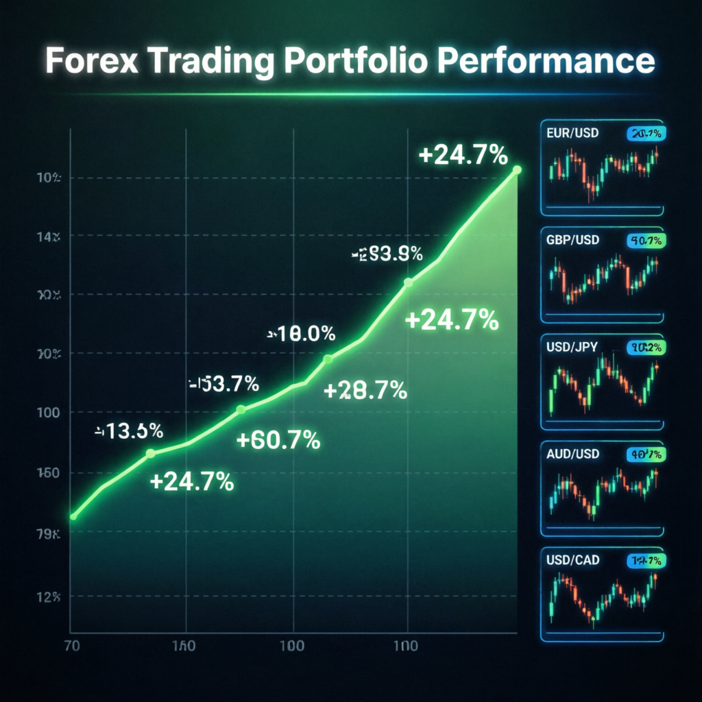 Forex trading portfolio performance chart showing consistent profit growth across multiple currency pairs