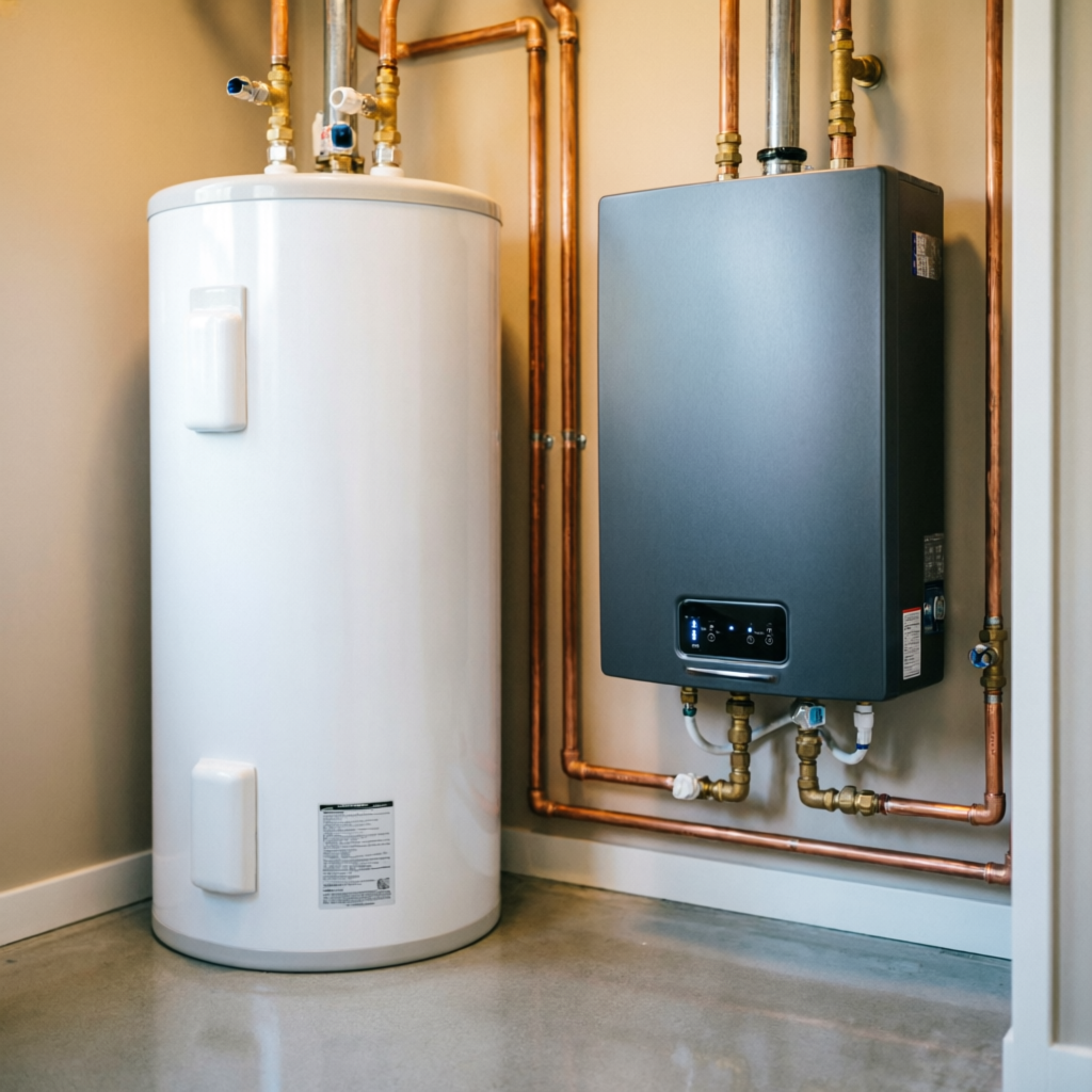 Side-by-side comparison of a traditional tank water heater and a wall-mounted tankless water heater installed in a California home utility closet