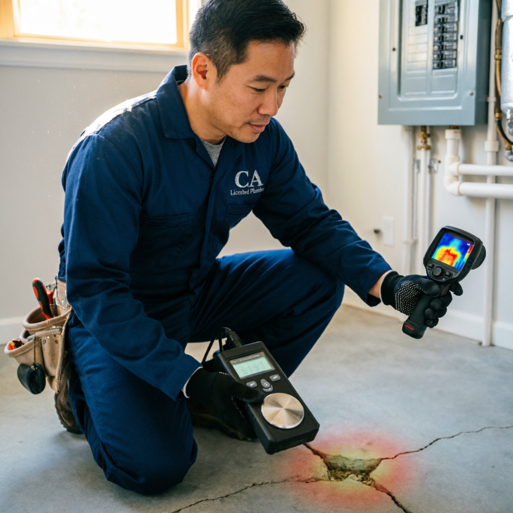 Licensed plumber using electronic acoustic ground microphone and thermal imaging camera to detect a hidden water leak under a concrete slab foundation