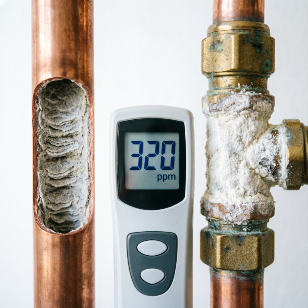 Hard water mineral scale buildup inside copper pipes and a tankless water heater heat exchanger in a San Diego home