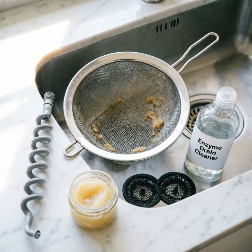 Flat lay of drain clog prevention tools including stainless steel strainers, enzyme cleaner, and solidified grease jar on a white marble countertop